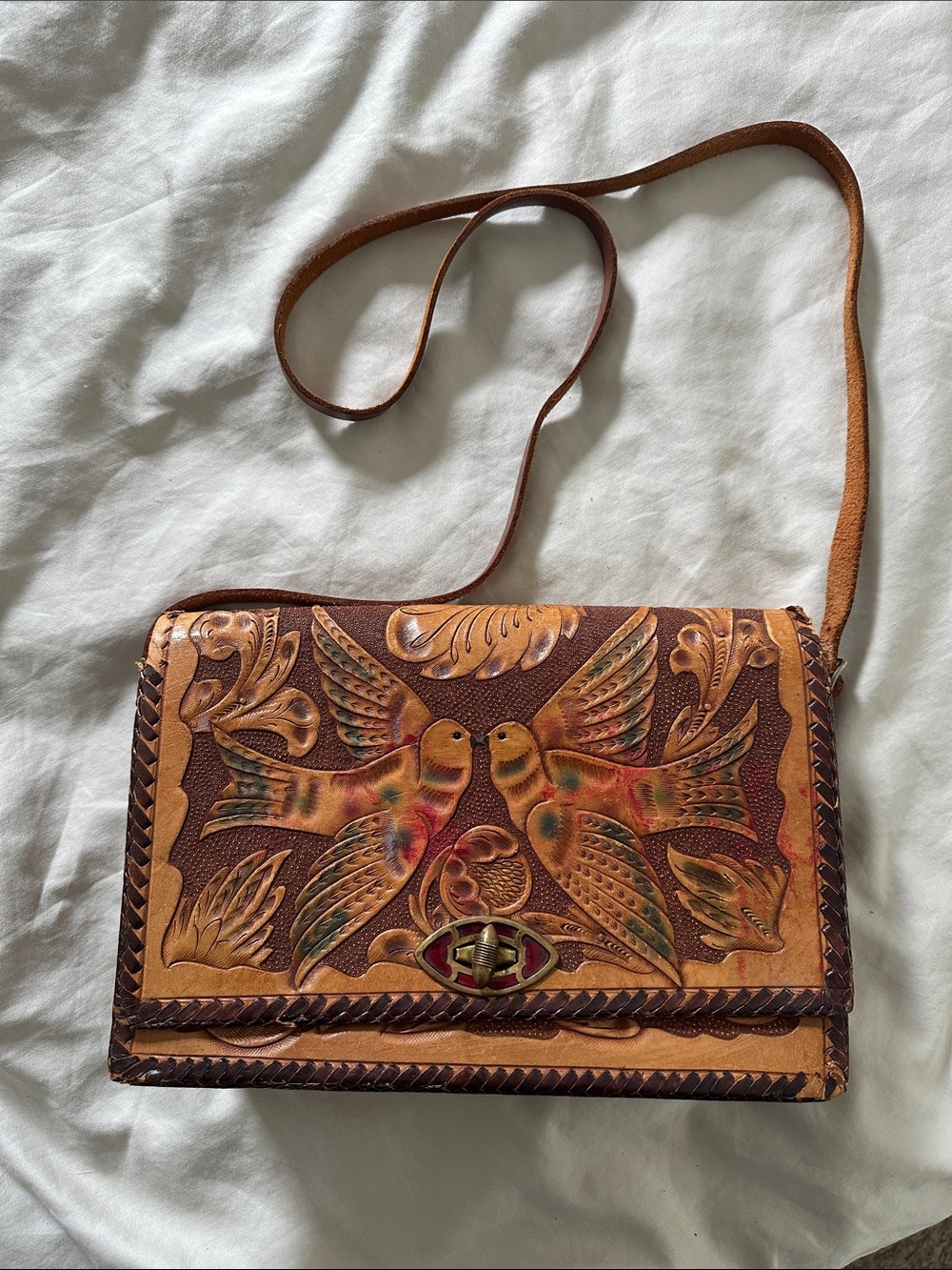 Vintage Hand-Tooled Leather Crossbody with Colorful Dove Motif - Brown/Tan
